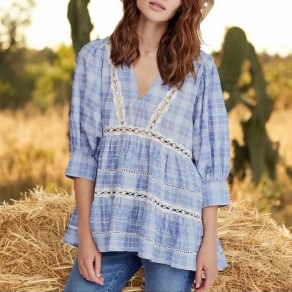 Free People Boho Cottagecore Peasant Top Neck Lace Ruffle Light Blue